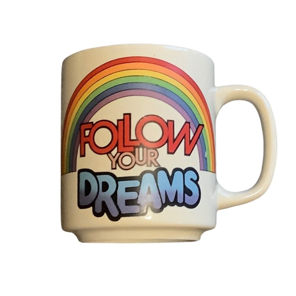 Vtg 1983 Follow Your‎ Dreams Rainbow Ceramic Mug C.M. Paula  Korea  White Coffee